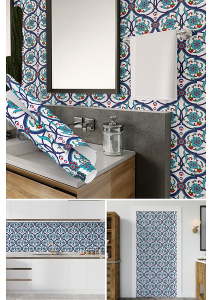Osmanlı Çiçek Motifli Çini Desenli Yapışkanlı Folyo, Büyük Ebatlı Mutfak, Tezgah, Masa, Dolap Kaplama Folyosu, Isıya Dayanıklı, Su Geçirmez, Yapışkan Folyolar, Sticker, Dekoros