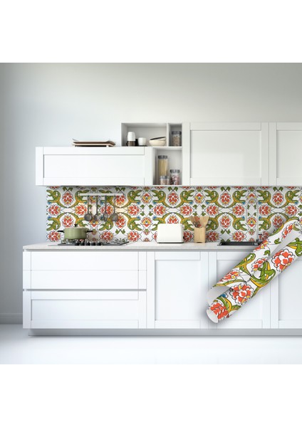 Geleneksel Osmanlı Çini Motifli Yapışkanlı Folyo, Kırmızı, Sarı, Yeşil Tezgah, Masa, Dolap Kaplama Folyosu, Isıya Dayanıklı, Su Geçirmez, Yapışkan Folyolar, Sticker, Büyük Ebatlı, Dekoros
