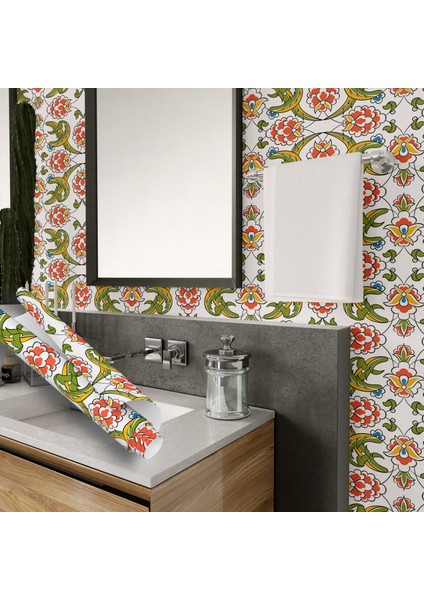 Geleneksel Osmanlı Çini Motifli Yapışkanlı Folyo, Kırmızı, Sarı, Yeşil Tezgah, Masa, Dolap Kaplama Folyosu, Isıya Dayanıklı, Su Geçirmez, Yapışkan Folyolar, Sticker, Büyük Ebatlı, Dekoros