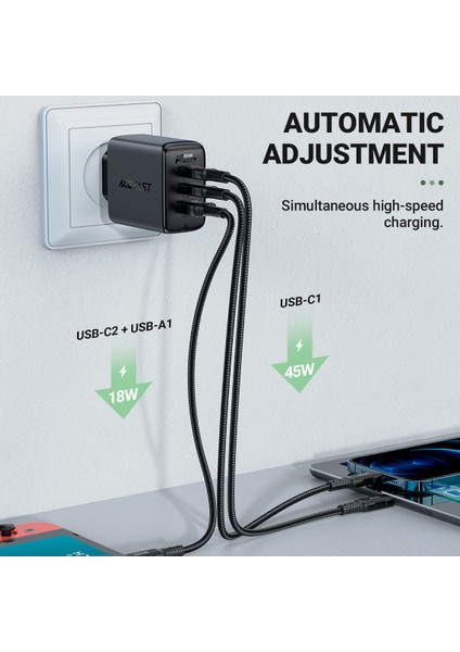 Duvar Şarj Cihazı Usb-C 65W + Usb-C 20W + Usb-A 18W Çıkış Fast Charge Wall Charger Type-C PD65W (2xusb-C+1xusb-A) Eu A13 Siyah Renk