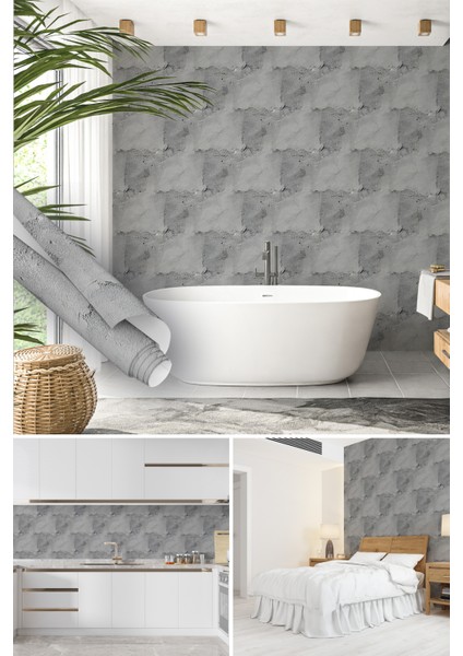Gri Alçı Sıva Desenli Yapışkanlı Folyo, Duvar Görünümlü Folyolar, Mutfak, Tezgah, Masa, Dolap Kaplama Folyosu, Isıya Dayanıklı, Su Geçirmez, Yapışkan Folyolar, Sticker, Büyük Ebatlı, Dekoros