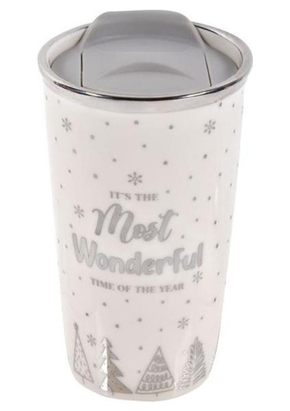 Gümüş Noel Temalı Porselen Kahve Termosu 475ML