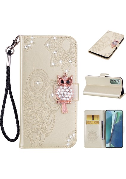 Rhinestone Dekor Baskı Samsung Galaxy NOTE20 4g/5g-Gold Için Baykuş Çiçek Deri Cüzdan Stand Kılıfı (Yurt Dışından)
