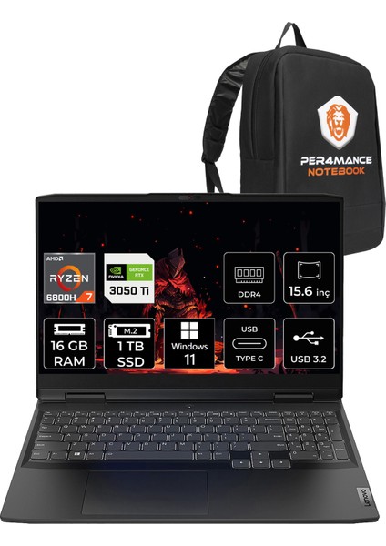 Ideapad Gaming 3 Amd Ryzen 7 6800H 16GB 1tb SSD 4gb RTX3050TI Windows 11 Pro 15.6" Fhd 120Hz Taşınabilir Bilgisayar 82SB00S0TX024 & Per4 Çanta