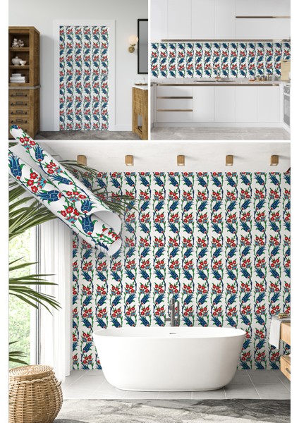 Mavi Lale Motifli Çini Desenli Yapışkanlı Folyo, Mutfak, Tezgah, Masa, Dolap Kaplama Folyosu, Isıya Dayanıklı, Su Geçirmez, Yapışkan Folyolar, Sticker, Büyük Ebatlı, Dekoros