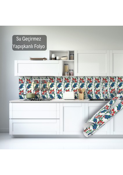 Mavi Lale Motifli Çini Desenli Yapışkanlı Folyo, Mutfak, Tezgah, Masa, Dolap Kaplama Folyosu, Isıya Dayanıklı, Su Geçirmez, Yapışkan Folyolar, Sticker, Büyük Ebatlı, Dekoros modelleri