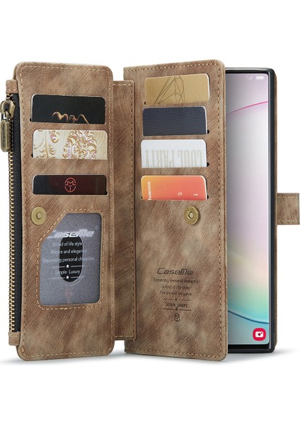 Samsung Galaxy Note 10 Plus/note 10 Plus 5g-Brown Için Çok Sayıda Kart Yuvası ve Fermuar Cebi ile Kayma Olmayan Pu Pu Deri Deri Flip Case Stand Stand Cüzdan Kapağı Cüzdan Kapağı (Yurt Dışından)