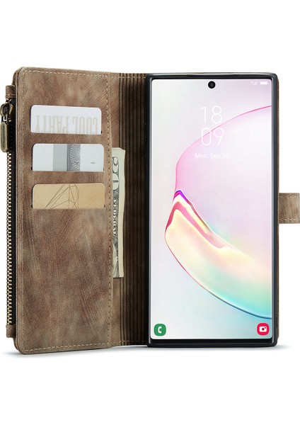 Samsung Galaxy Note 10 Plus/note 10 Plus 5g-Brown Için Çok Sayıda Kart Yuvası ve Fermuar Cebi ile Kayma Olmayan Pu Pu Deri Deri Flip Case Stand Stand Cüzdan Kapağı Cüzdan Kapağı (Yurt Dışından)