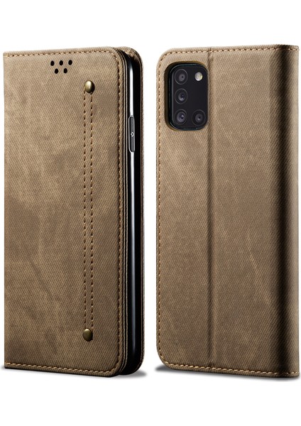 Samsung Galaxy A31-KHAKI Için Jeans Kumaş Deri Cüzdan Cep Telefonu Kapağı (Yurt Dışından)