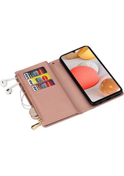 Samsung Galaxy A12-ROSE Altın Için Işıltılı Yıldızlı Stil Lazer Oyma Fermuar Cüzdan Deri Kılıf (Yurt Dışından)
