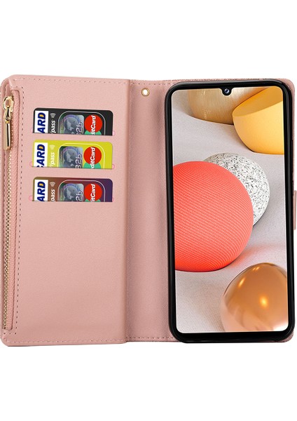 Samsung Galaxy A12-ROSE Altın Için Işıltılı Yıldızlı Stil Lazer Oyma Fermuar Cüzdan Deri Kılıf (Yurt Dışından)