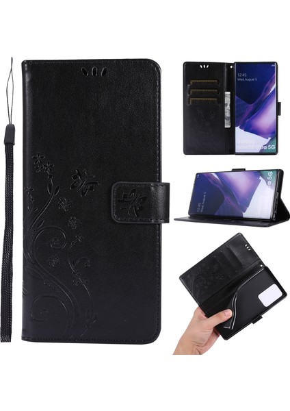 Kelebek Çiçek Baskı Tpu+Pu Deri Deri Stand Kapağı Kılıfı Samsung Galaxy NOTE20 ULTRA/NOTE20 Ultra 5g-Black (Yurt Dışından)