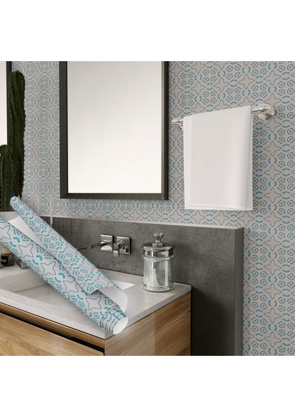 Mavi Gri Tonlarda Geometrik Çini Desenli Kendinden Yapışkanlı Folyo, Mutfak, Tezgah, Masa, Dolap Kaplama Folyosu, Isıya Dayanıklı, Su Geçirmez, Yapışkan Folyolar, Sticker, Büyük Ebatlı, Dekoros fırsatları