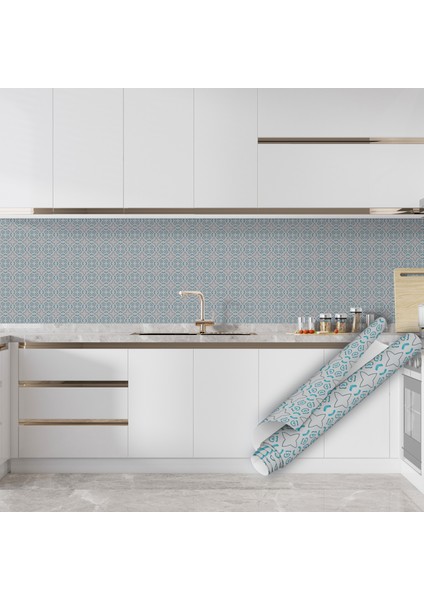 Mavi Gri Tonlarda Geometrik Çini Desenli Kendinden Yapışkanlı Folyo, Mutfak, Tezgah, Masa, Dolap Kaplama Folyosu, Isıya Dayanıklı, Su Geçirmez, Yapışkan Folyolar, Sticker, Büyük Ebatlı, Dekoros indirimleri