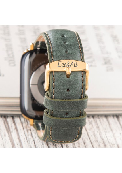 Apple Watch Deri Kordon 42MM 44MM 45MM 49MM 3 / 4 / 5 / 6 / Se / 7 / 8 / 9 Ultra Ultra 2 Deri Kayış Yeşil
