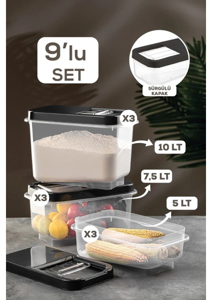 9'lu Bakliyat Saklama Kabı - Kayar Kapaklı Erzak Saklama Kabı Un Kabı Antrasit 3x(5 Lt-7,5 Lt-10 Lt)
