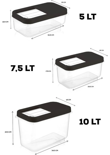 9'lu Bakliyat Saklama Kabı - Kayar Kapaklı Erzak Saklama Kabı Un Kabı Antrasit 3x(5 Lt-7,5 Lt-10 Lt) fiyatları