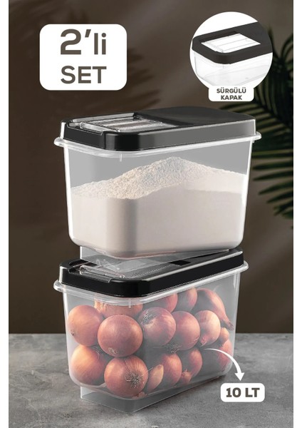 2'li Multibox 10 Lt Bakliyat Saklama Kabı - Kayar Kapaklı Erzak Saklama Kabı Un Kabı Antrasit