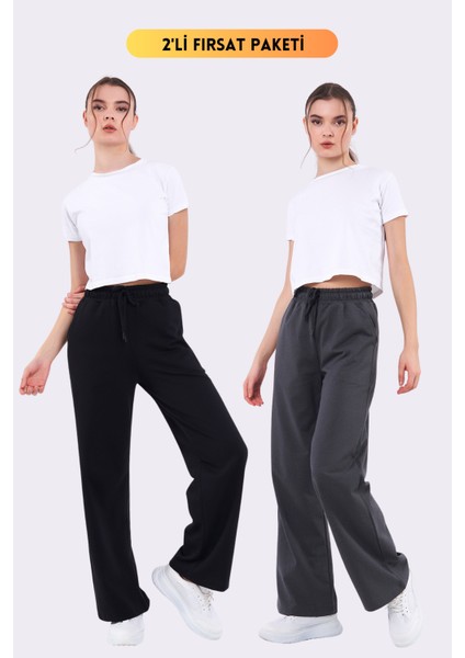 Siyah-Antrasit Mevsimlik Salaş Geniş Rahat Paça Yandan Cepli Kadın 2'li Eşofman Altı