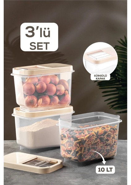 3'lü Multibox 10 Lt Bakliyat Saklama Kabı - Kayar Kapaklı Erzak Saklama Kabı Un Kabı Krem