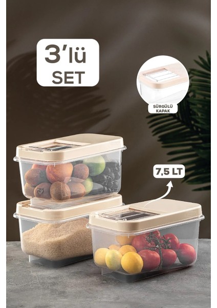 3'lü Multibox 7,5 Lt Bakliyat Saklama Kabı - Kayar Kapaklı Erzak Saklama Kabı Krem