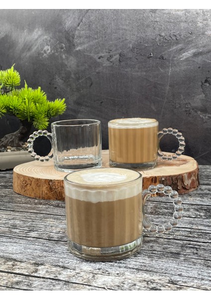 3 Lü Cam Boncuk Kulplu Bardak Kupa Çay Kahve Meşrubat Bardağı 325ML