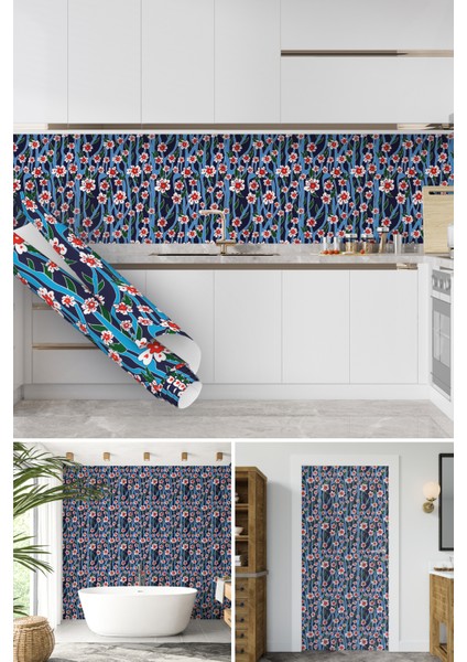 Mavi Üzeri Kırmızı Çiçekli Kendinden Yapışkanlı Folyo, Mutfak, Tezgah, Masa, Dolap Kaplama Folyosu, Isıya Dayanıklı, Su Geçirmez, Yapışkan Folyolar, Sticker, Büyük Ebatlı, Dekoros