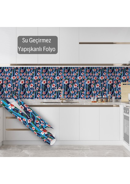 Mavi Üzeri Kırmızı Çiçekli Kendinden Yapışkanlı Folyo, Mutfak, Tezgah, Masa, Dolap Kaplama Folyosu, Isıya Dayanıklı, Su Geçirmez, Yapışkan Folyolar, Sticker, Büyük Ebatlı, Dekoros fırsatları