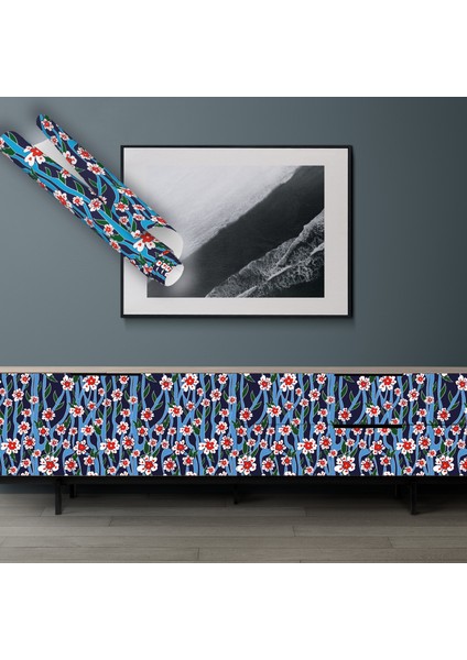 Mavi Üzeri Kırmızı Çiçekli Kendinden Yapışkanlı Folyo, Mutfak, Tezgah, Masa, Dolap Kaplama Folyosu, Isıya Dayanıklı, Su Geçirmez, Yapışkan Folyolar, Sticker, Büyük Ebatlı, Dekoros indirimleri