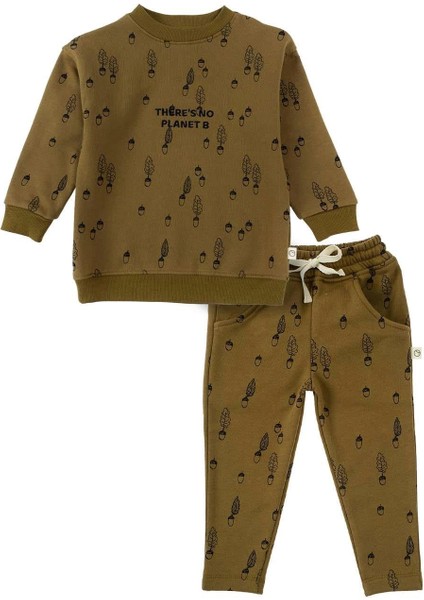 Çocuk Eşofman Takımı Haki Fındık Desenli Organik Pamuk