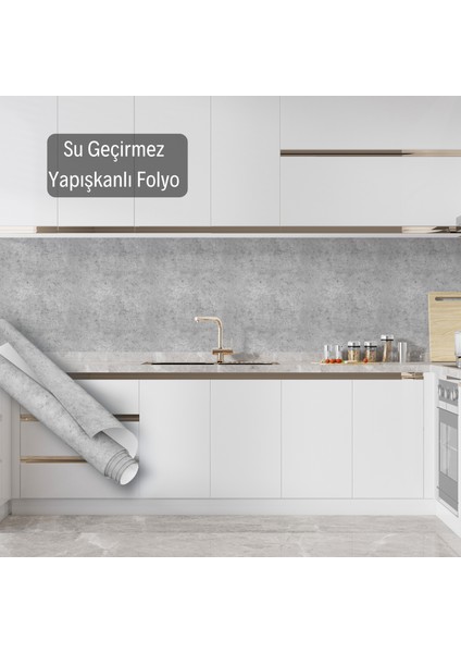 Gri Beyaz Sıva Görünümlü Kendinden Yapışkanlı Folyo, Mutfak, Tezgah, Masa, Dolap Kaplama Folyosu, Isıya Dayanıklı, Su Geçirmez, Yapışkan Folyolar, Sticker, Büyük Ebatlı, Dekoros
