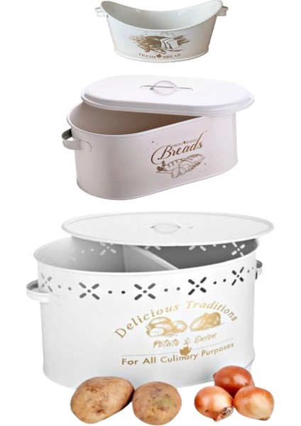 3’lü Set Metal Kapaklı Ekmeklik Patates Soğanlık ve Sofra Ekmeklik Beyaz
