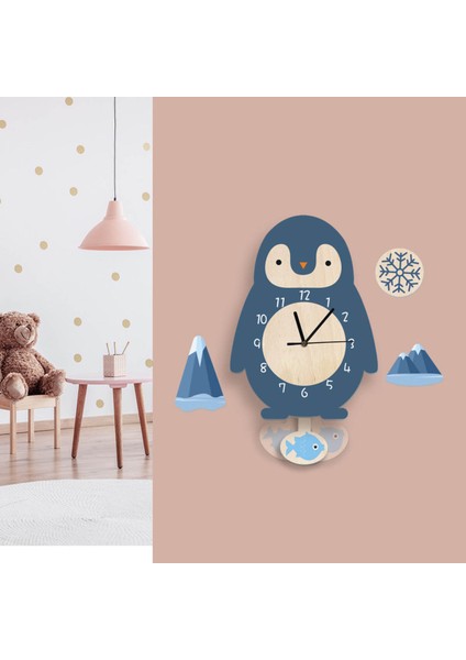 Sallanan Sarkaçlı Penguen Desenli Çocuk Odası Duvar Saati