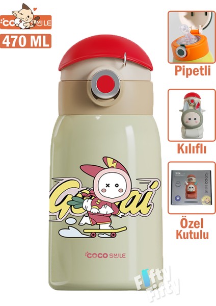 Cocosmile Özel Kutulu Kılıflı 470 ml Pipetli Çelik Termos -Boyun Askılı- 4 Farklı Model Cskılıflı