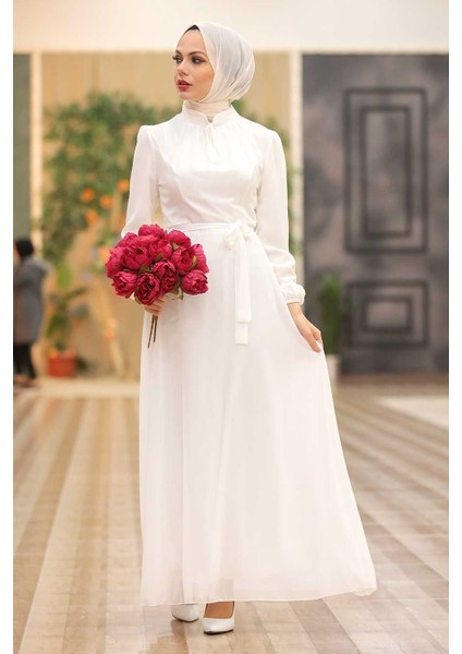 Kemerli Ekru Tesettür Elbise 27922E