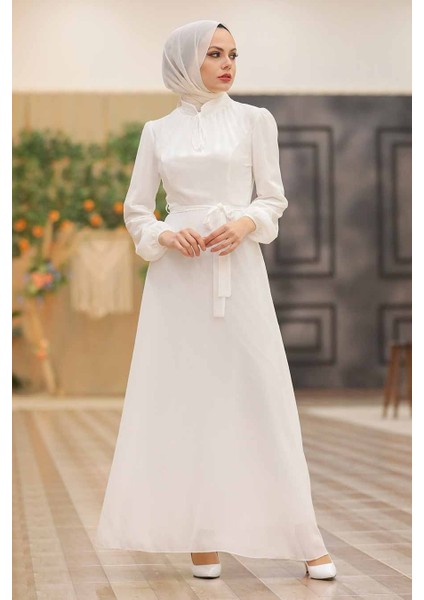 Kemerli Ekru Tesettür Elbise 27922E fiyatları