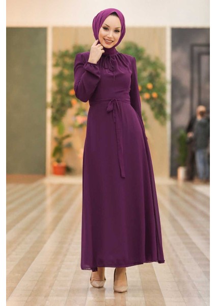 Kemerli Mor Tesettür Elbise 27922MOR