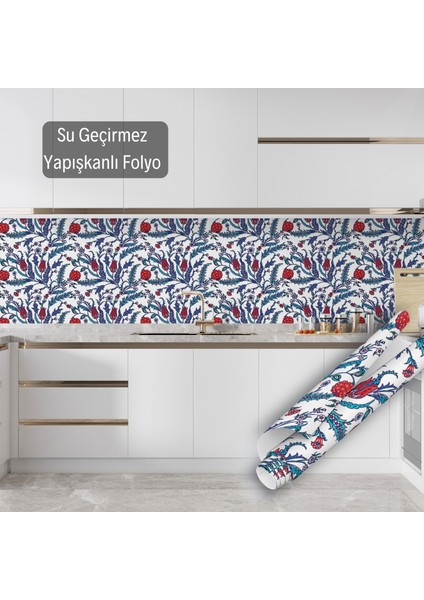 Kırmızı Lale Motifli Çini Görünümlü Yapışkanlı Folyo, Mutfak, Tezgah, Masa, Dolap Kaplama Folyosu, Isıya Dayanıklı, Su Geçirmez, Yapışkan Folyolar, Sticker, Büyük Ebatlı, Dekoros