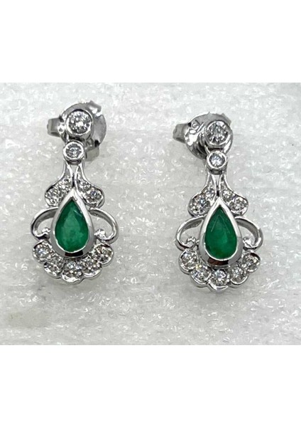 Vintage 18 Ayar Pırlanta Zümrüt Taşlı Küpe