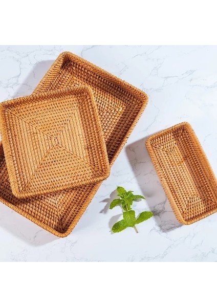 3'lü Set - El Yapımı Kulpsuz Rattan Düzenleyici - Servis ve Sunum Tepsisi