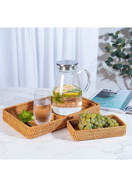 3'lü Set - El Yapımı Kulpsuz Rattan Düzenleyici - Servis ve Sunum Tepsisi