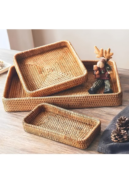 3'lü Set - El Yapımı Kulpsuz Rattan Düzenleyici - Servis ve Sunum Tepsisi