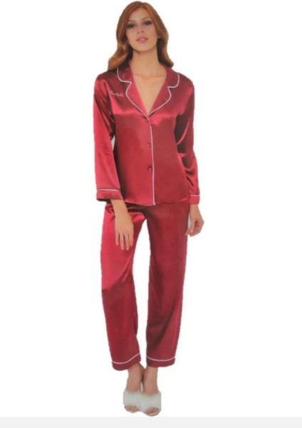 Kadın 1200 Bordo Saten Pijama Takımı