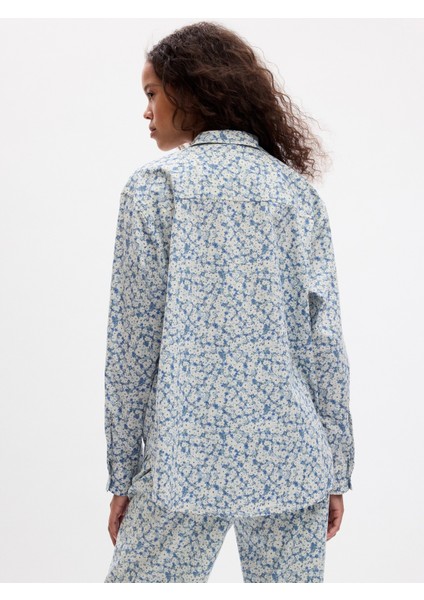 Kadın Mavi Desenli Poplin Pijama Üstü