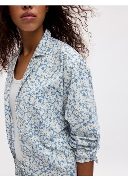 Kadın Mavi Desenli Poplin Pijama Üstü