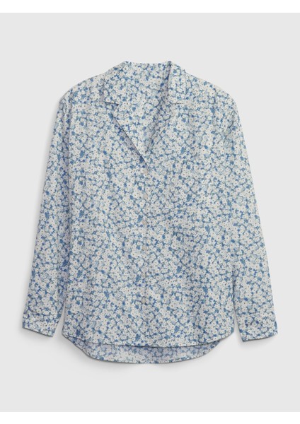 Kadın Mavi Desenli Poplin Pijama Üstü