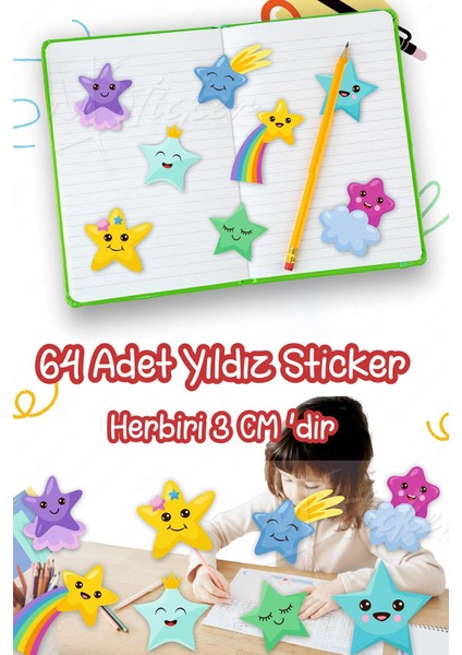 Öğretmenler Için Eğlenceli Yıldızlar 3 cm 64 Adet Duvar Defter Cam Sticker Seti