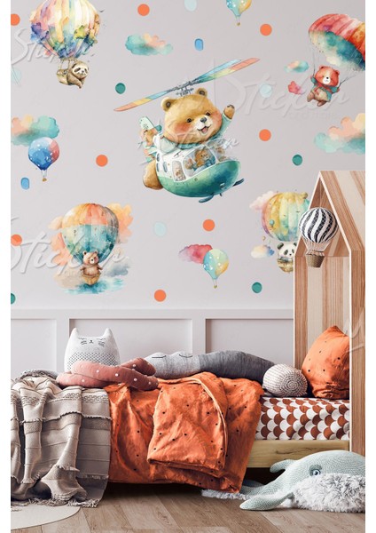 Helikopterde ve Uçan Balonlarda Uçan Ayıcıklar Çocuk Odası Cam Duvar Sticker Seti