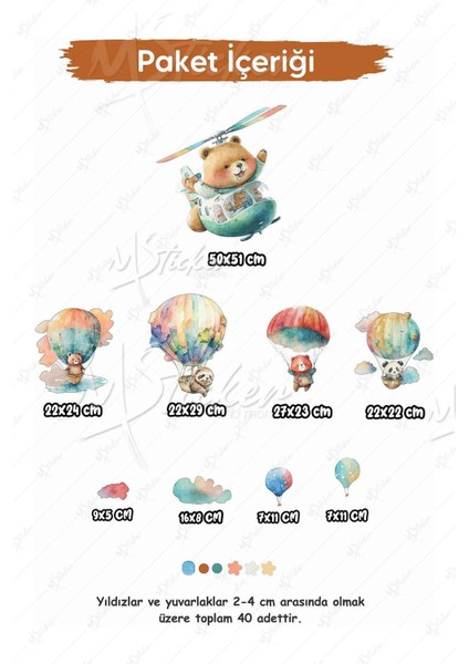 Helikopterde ve Uçan Balonlarda Uçan Ayıcıklar Çocuk Odası Cam Duvar Sticker Seti fiyatları