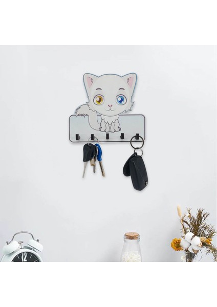 Dekoratif Sevimli Beyaz Kedi Ahşap Anahtarlık Hol Askı